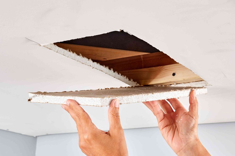 Damaged drywall being removed from a ceiling during repair