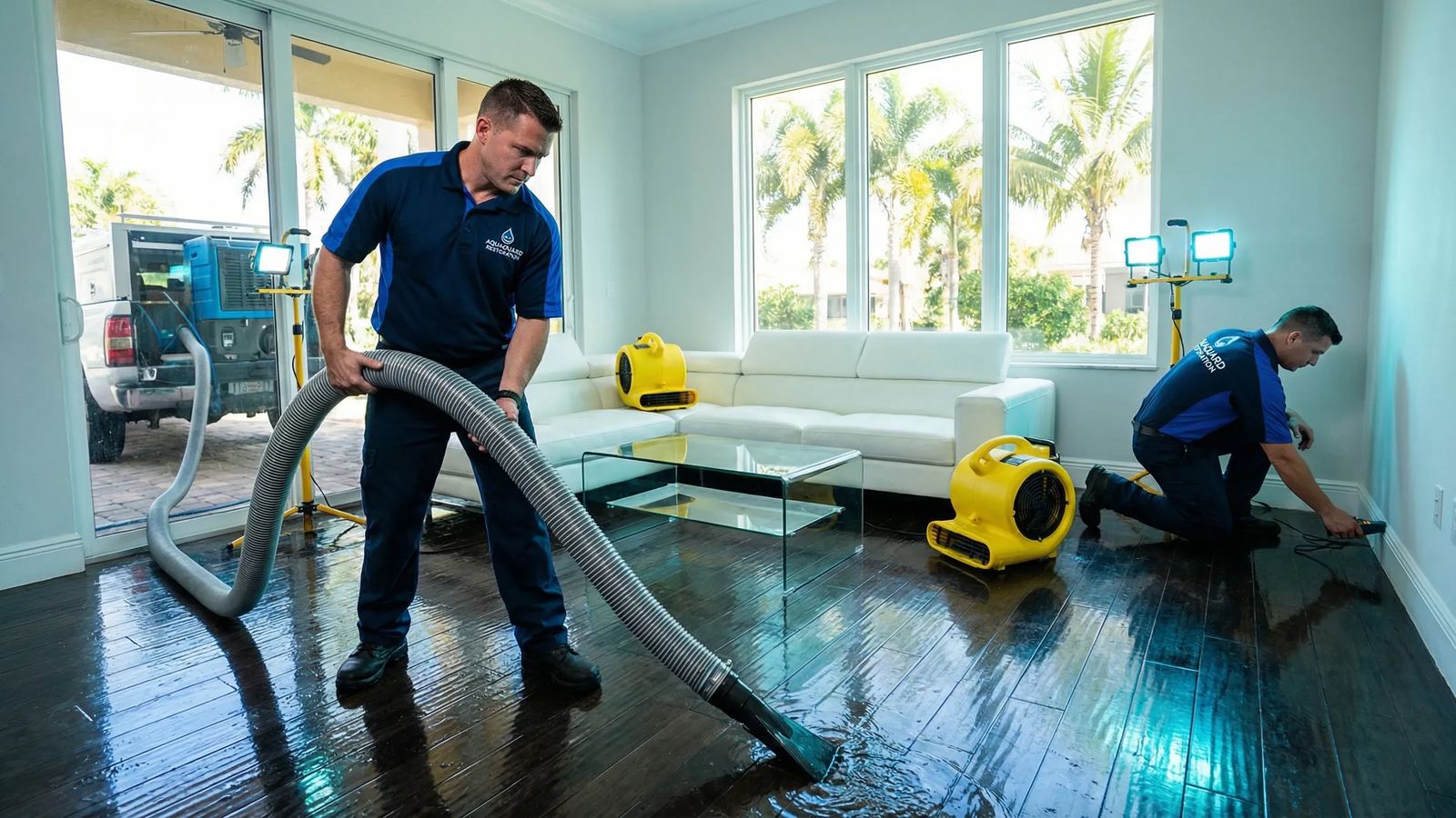 Water damage restoration equipment drying a residential interior