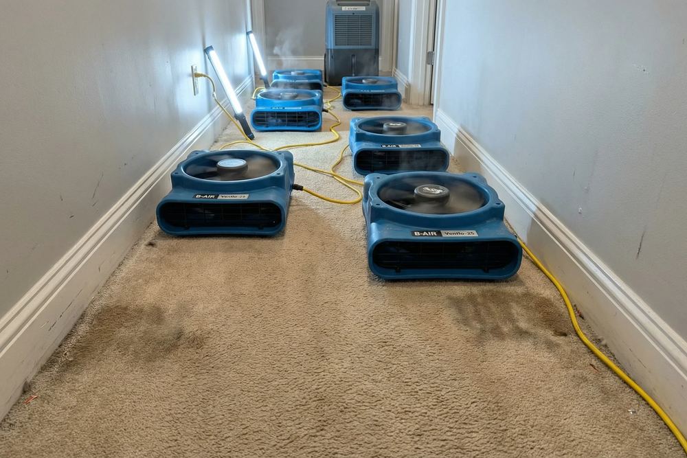 Air movers and a dehumidifier drying a room after water damage